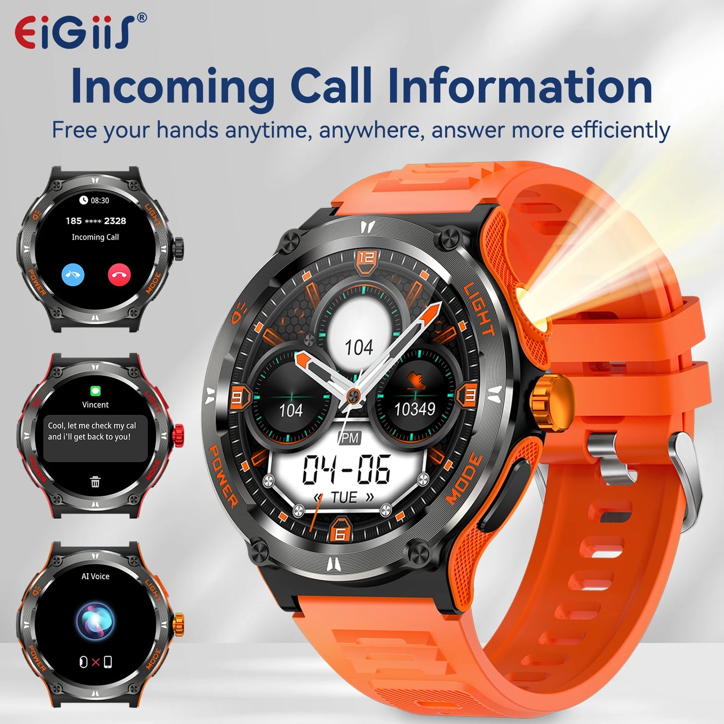 EIGIIS Smart Watch 3ATM Waterproof 1.53" KT76 Men Sport With Compass And LED Flashlight Heart Rate Sleep Analysis Bluetooth Call