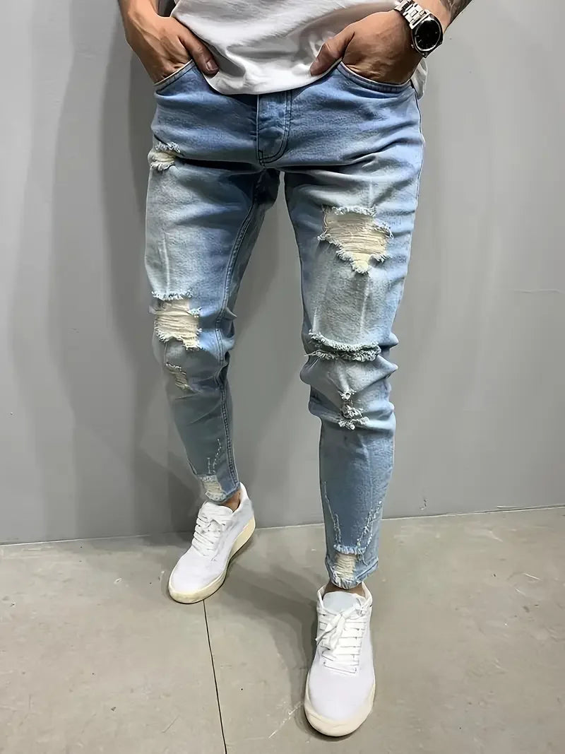 Men's Slim Fit Ripped Jeans Casual Street Style Denim