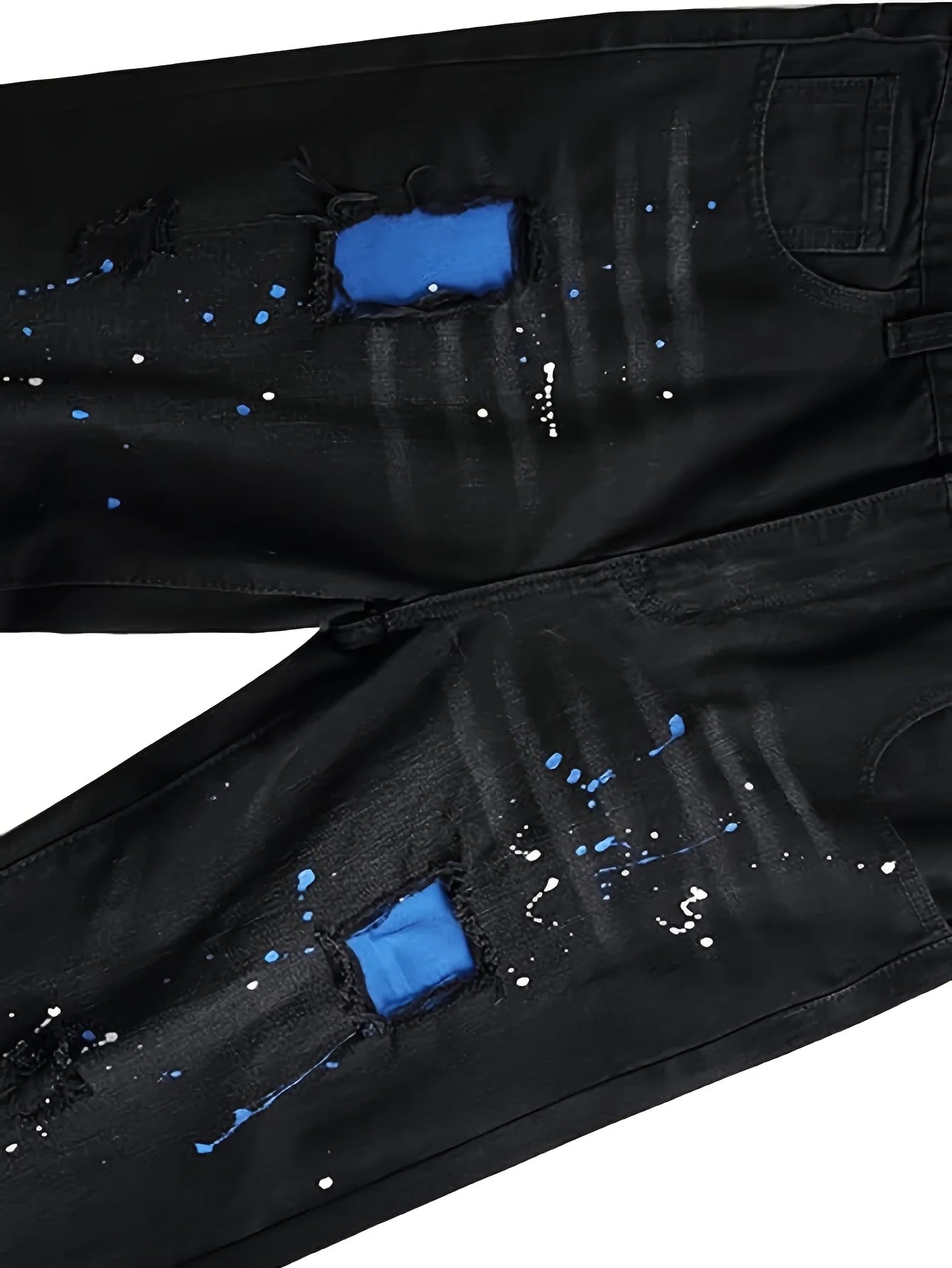 Men's jeans blue patch tear elastic regular black jeans pants