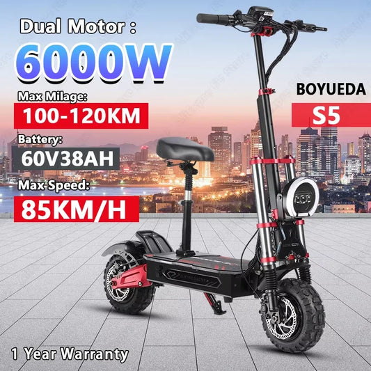Boyueda S5 Electric scooter 6000WMotor 60v38AH Battery 11 Inch AdultOff-road Escooters 85km/h DoubleDrive Version E-5cooter