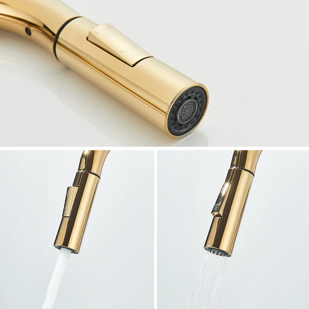 Polished Gold Kitchen Sink Faucet Pull Out Spout  Cold Hot Water Mixer Taps Deck Mounted