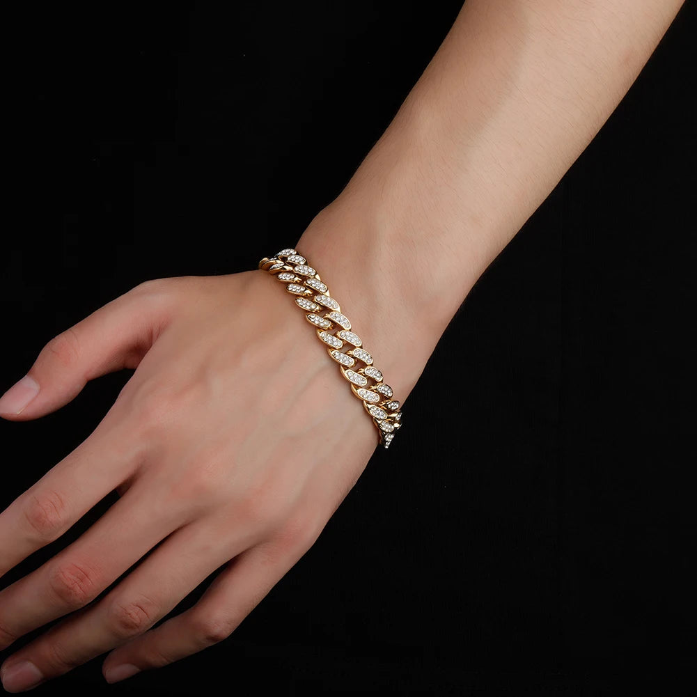 TOPGRILLZ Fully Cz Stone 13mm Alloy Waterproof Color Preservation Miami Cuban Necklace/Bracelet Punk Hip Hop Rapper Jewelry