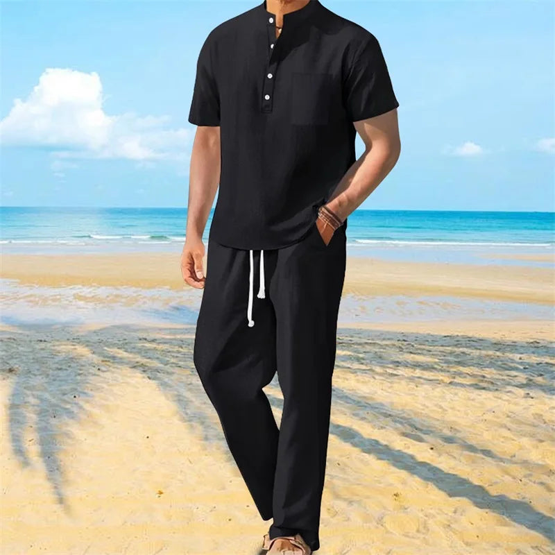 Men s Casual 2 Piece Outfit Short Sleeve Henley Tops with Drawstring Pants Loose Solid Color Set for a Stylish Look