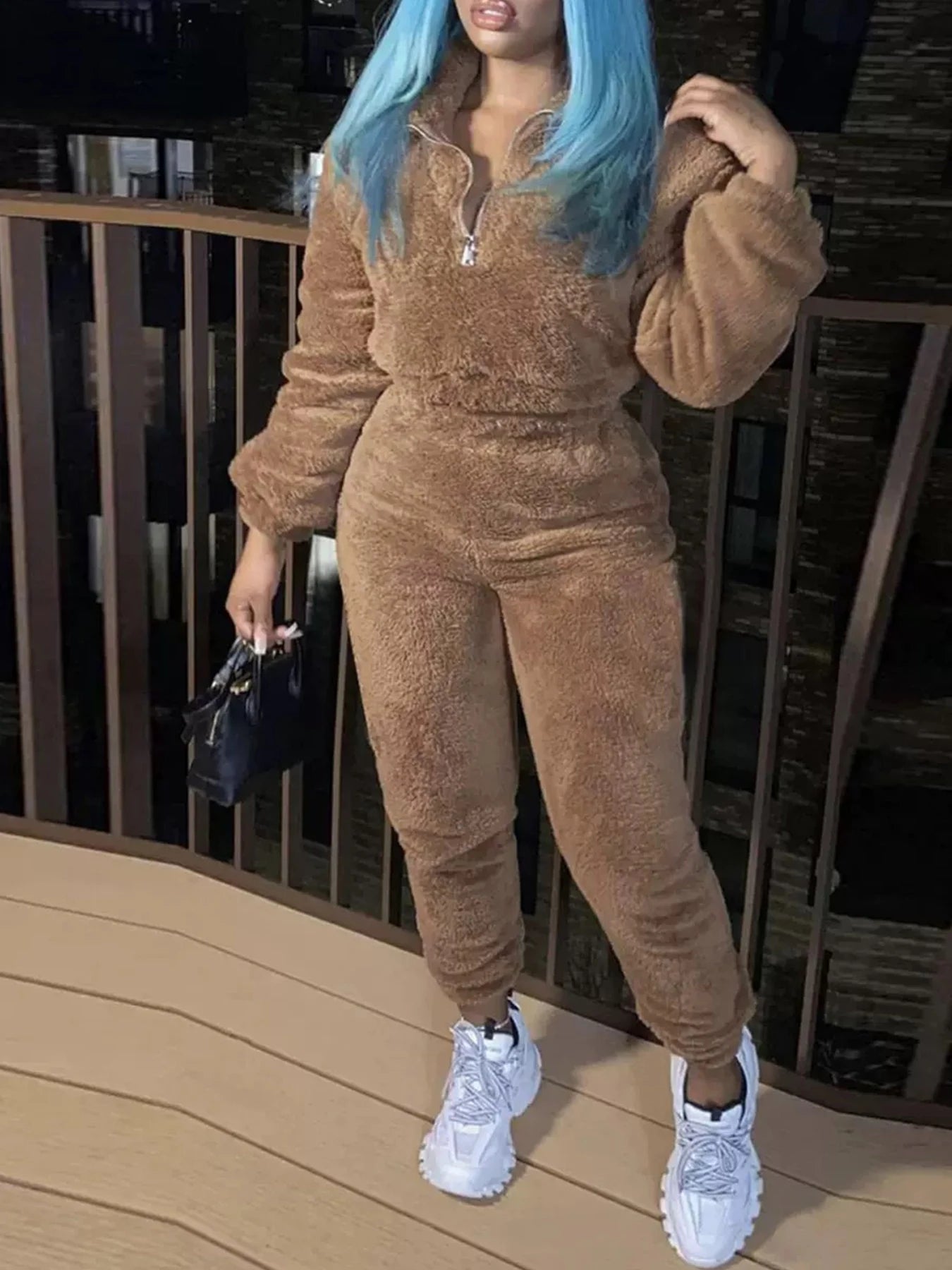 Women's New Solid Color Velvet Two-Piece Set, Long-Sleeved Semi-Open Neck Sweatshirt and Slim Pants, Machine Washable, Suitable