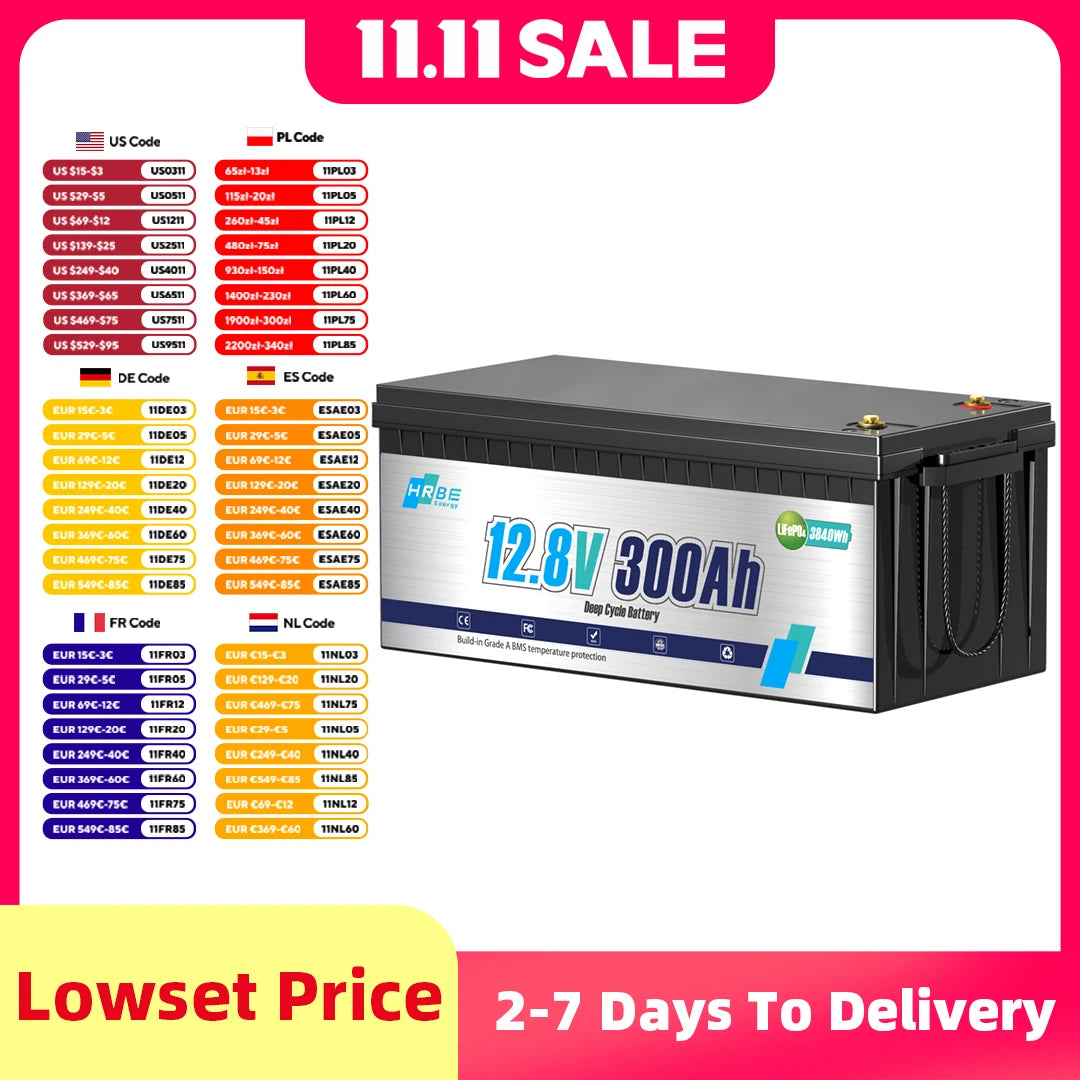 HRBEEnergy 12V 300AH LiFePO4 Lithium Battery Pack RV Batteries For Marine Solar Trolling Motor Motorhome Camper With 200A BMS