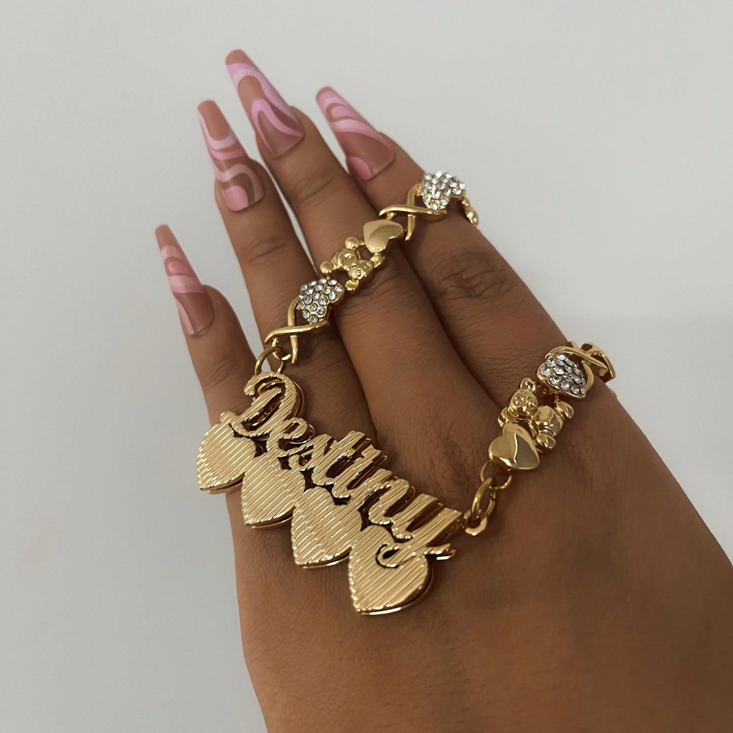 Personalized  Teddy Bear Chain Name Necklace with Diamond 3D Double-layer Nameplate DIY Custom Name Necklace Golden Women's Gift