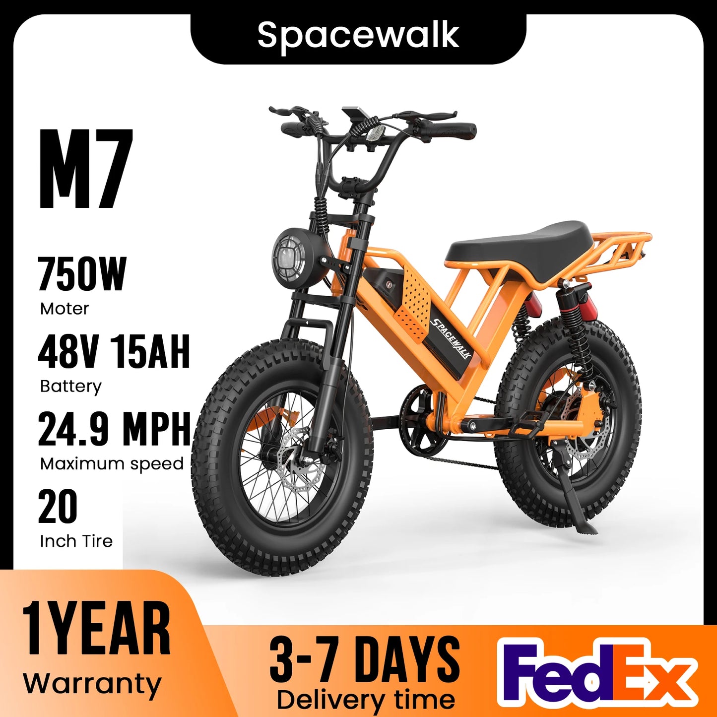 Spacewalk M7 Electric Bike for Adults 750W Electric Bicycle 48V 15AH E Bike 20" Fat Tire Mountain 24.9mph 4X Suspension Ebike