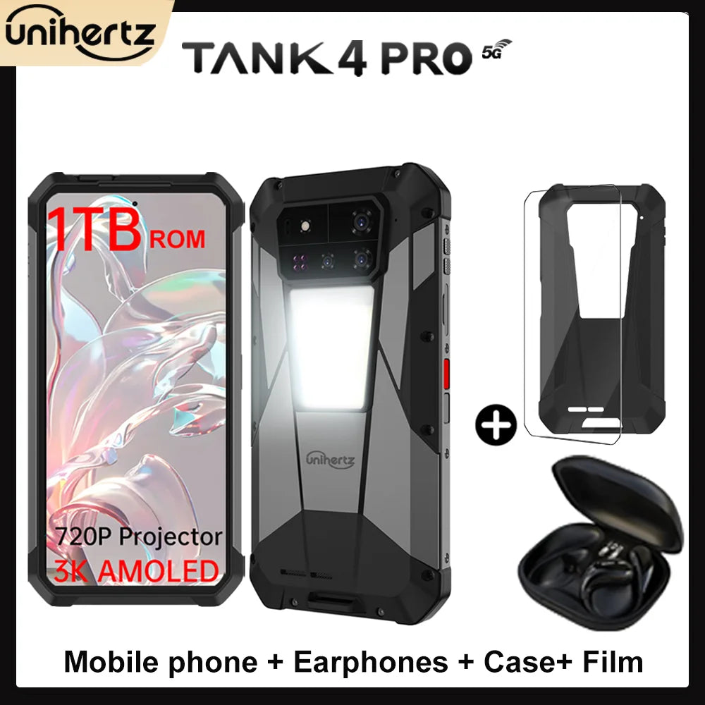Unihertz Tank 4 pro 8849 Smartphone Android 14 with 720P Projector 5G AI Dimensity 8300 1TB ROM 3K AMOLED 11600mAh 120W Charger