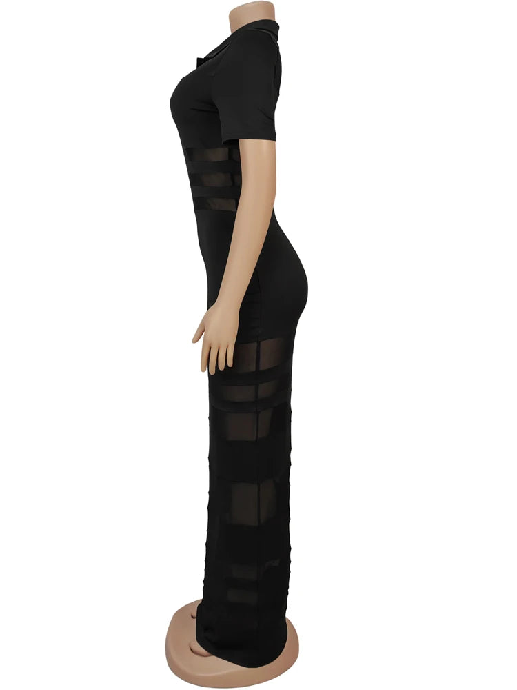 Beyprern Women's See-Through Striped Sheer Polo Maxi Dress Sexy Turn-Down Collars Caged Party Dresses Night Out Vestido Clubwear