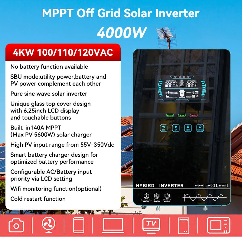 ECGSOLAX 4KW Hybrid Solar Inverter 24V 110V/120V With MPPT 110A Solar Charger Touch screen LCD Hybrid Inverter Max PV 350VDC
