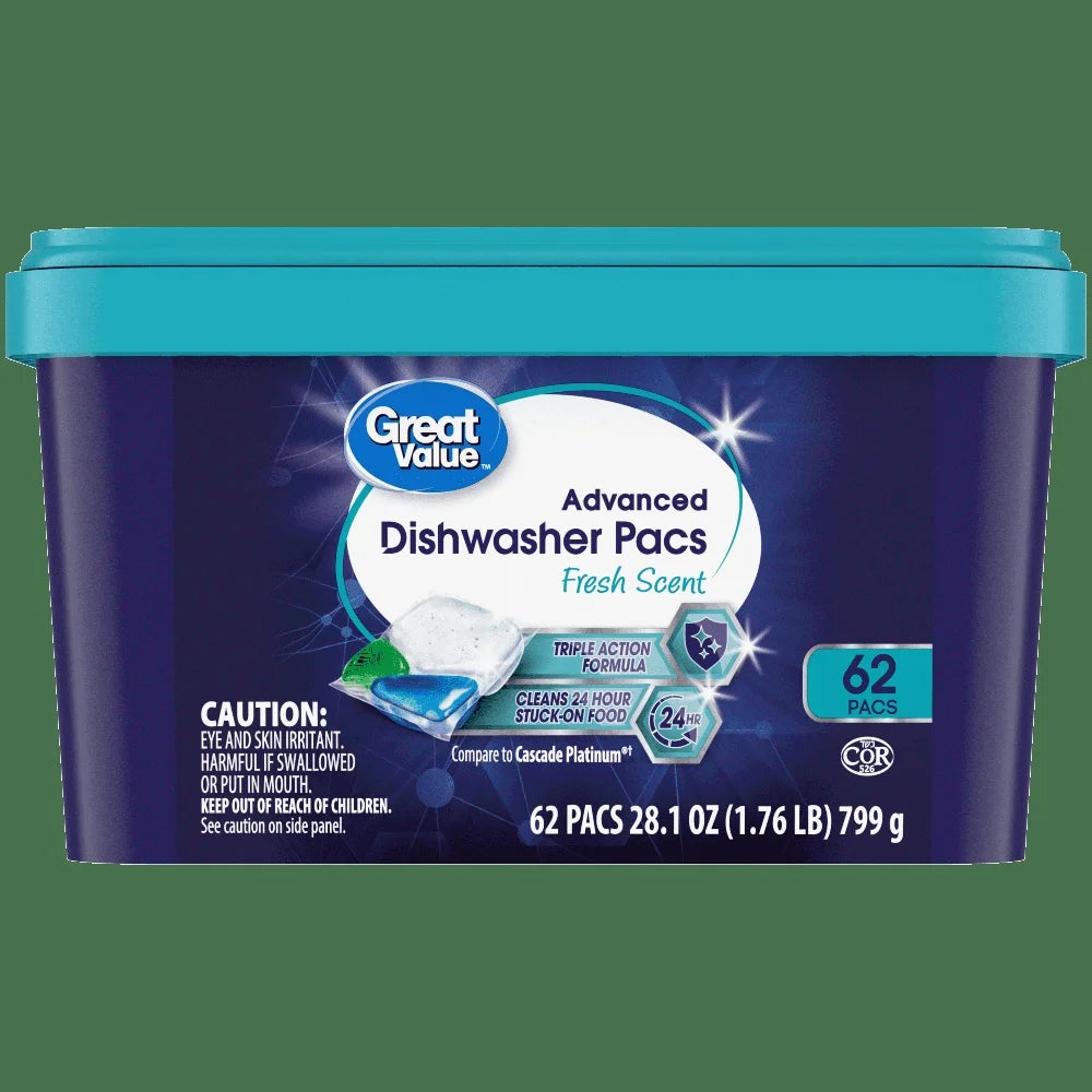 Advanced Automatic Dishwasher Pacs 62 Count Fresh Scent Triple Action Formula Tough on Grease Stains Residue No Pre-Rinse Safe