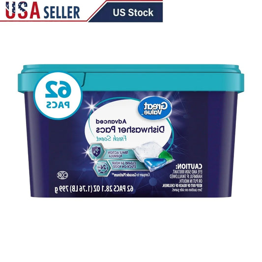 Advanced Automatic Dishwasher Pacs 62 Count Fresh Scent Triple Action Formula Tough on Grease Stains Residue No Pre-Rinse Safe