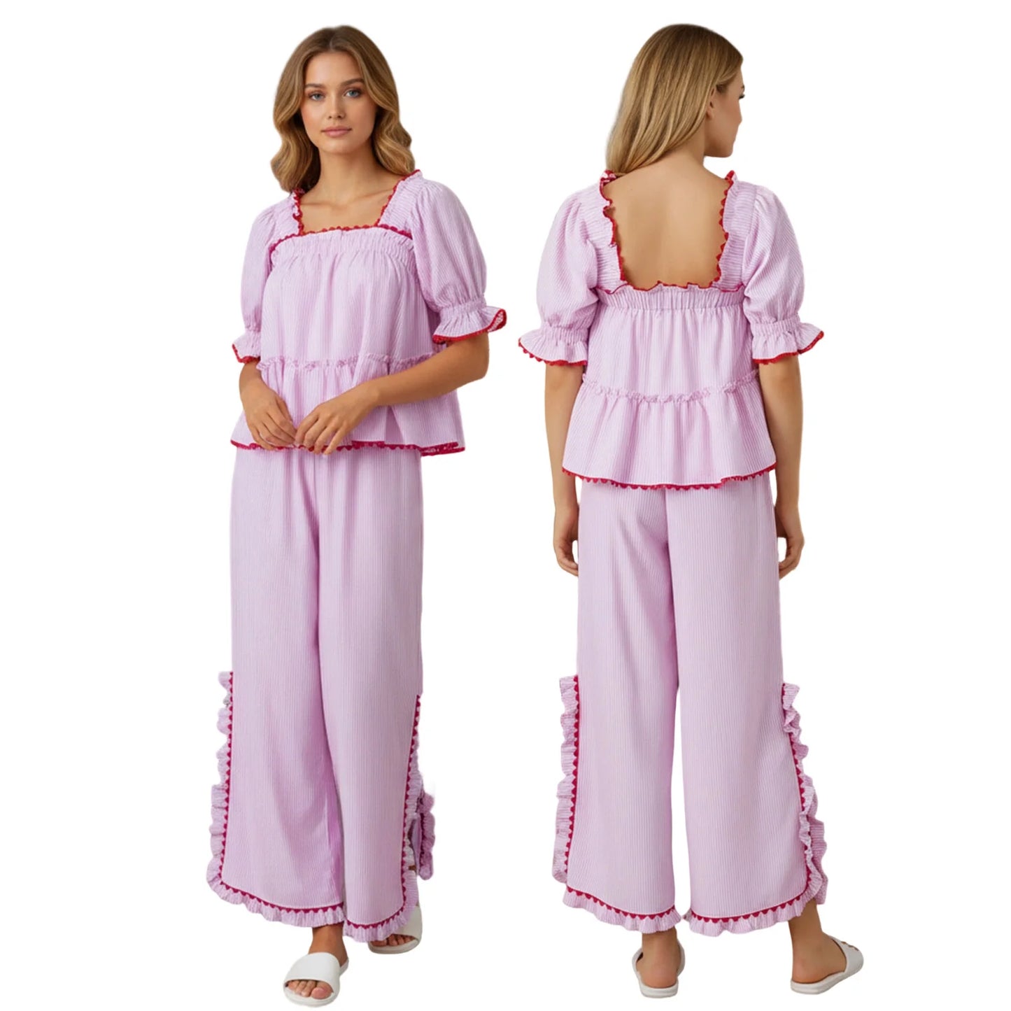 2026 New Years Spring Stripes/Plaid Short Sleeve Square Neck T-shirt with Pants Sleepwear Loungewear Xmas Women Pajama Set