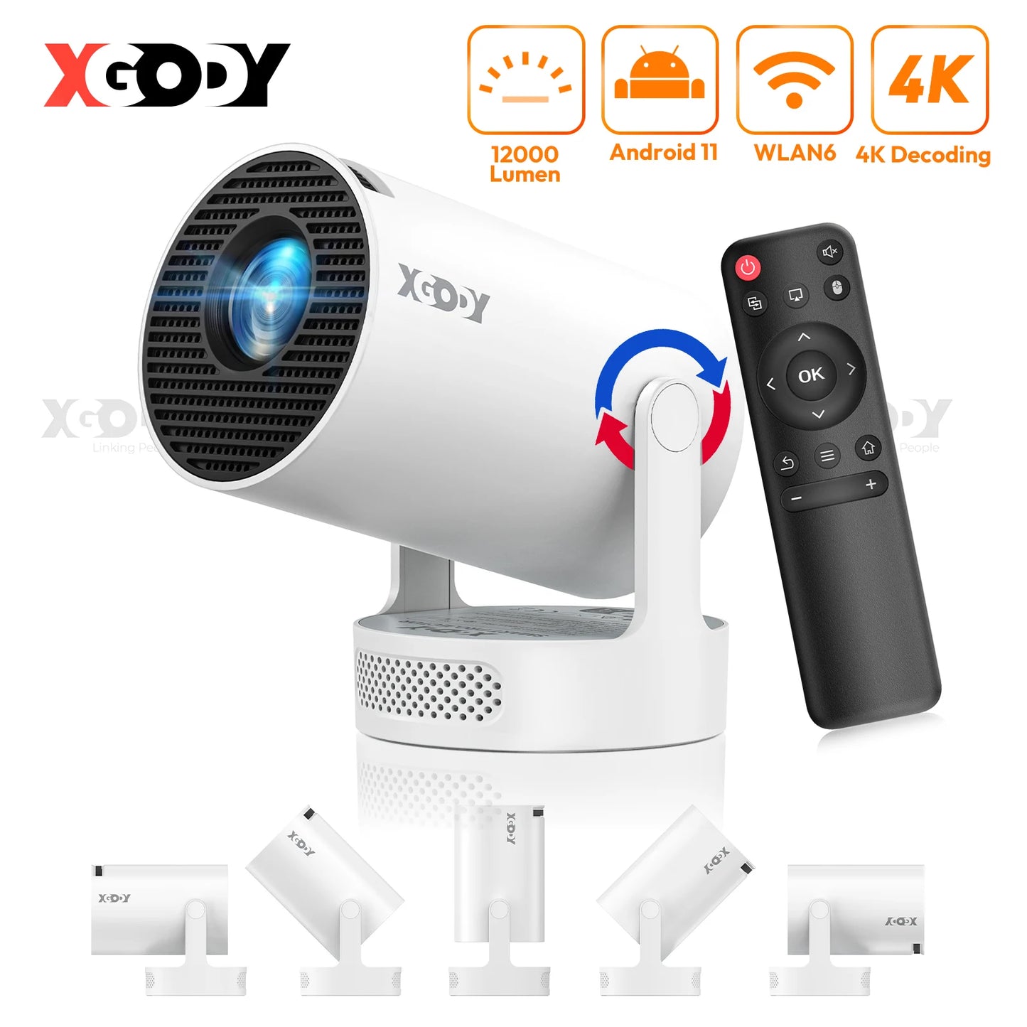 XGODY 4K HY300 Pro+ Projector Built-in 5W Speaker 1280*720P Android 11 12000 Lumens Wifi6 BT5.4 Portable Outdoor Projector