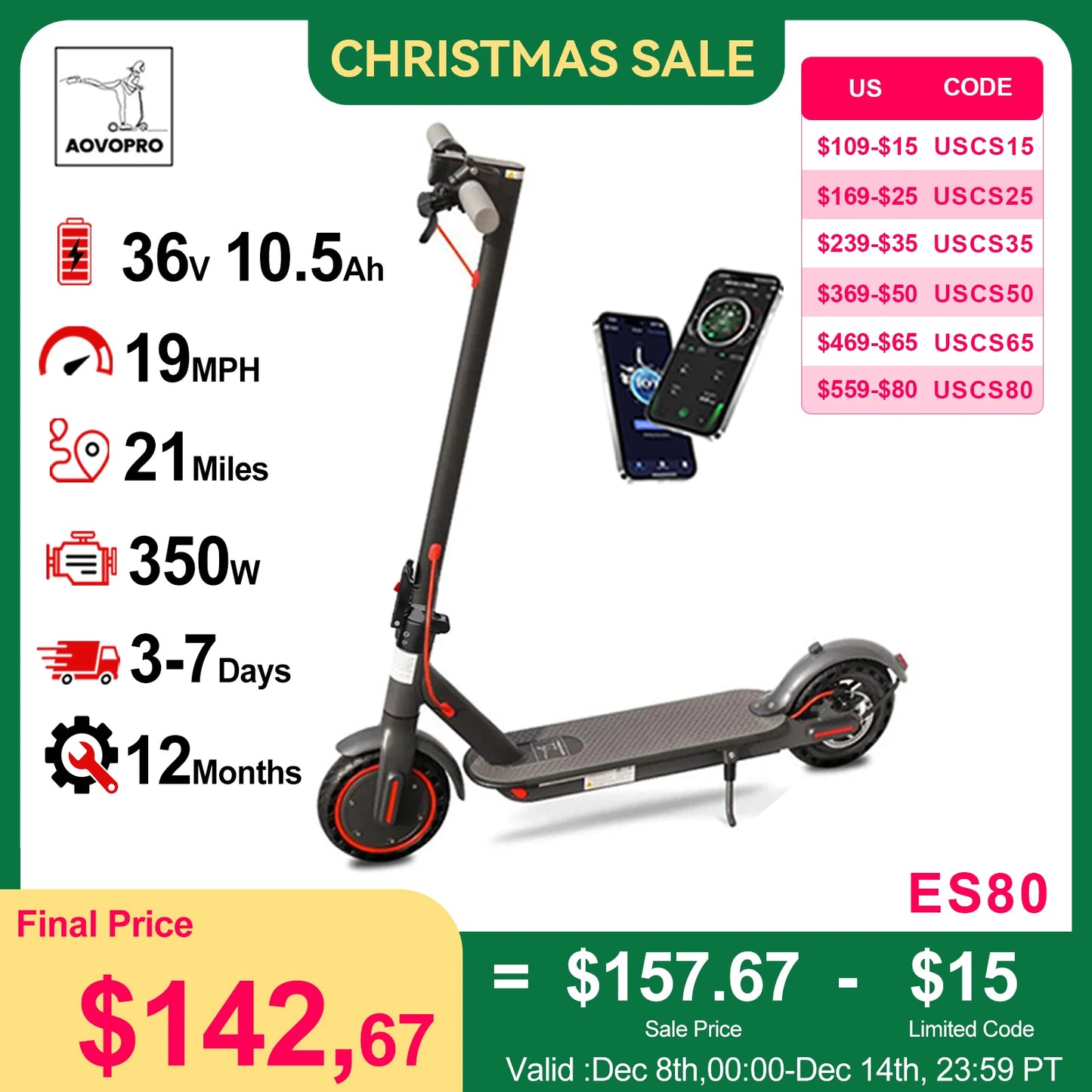 AOVOPRO ES80 350W Electric Scooter 10.5Ah 19mph Max Speed Smart APP Control 21miles Max Range Foldable E-Scooter for Adult