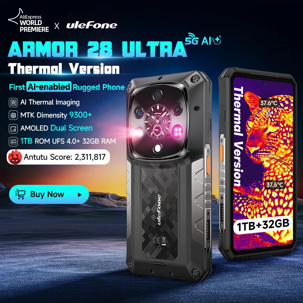 Ulefone Armor 28 Ultra 5G AI Thermal Imaging Rugged Phone Dimensity 9300+ 1TB ROM 32GB RAM Android Smartphone AMOLED Mobile