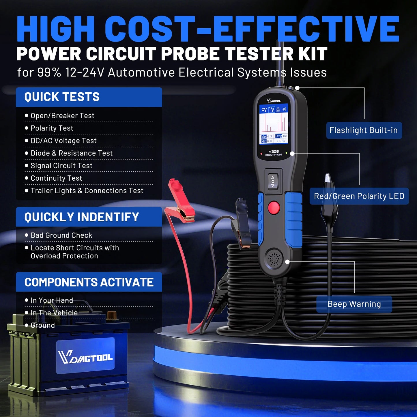 VDIAGTOOL V200 Car Electric Circuit Tester 6V-30V Automotive Power Probe Kit Electrical System Tester LCD Display Voltage Tester