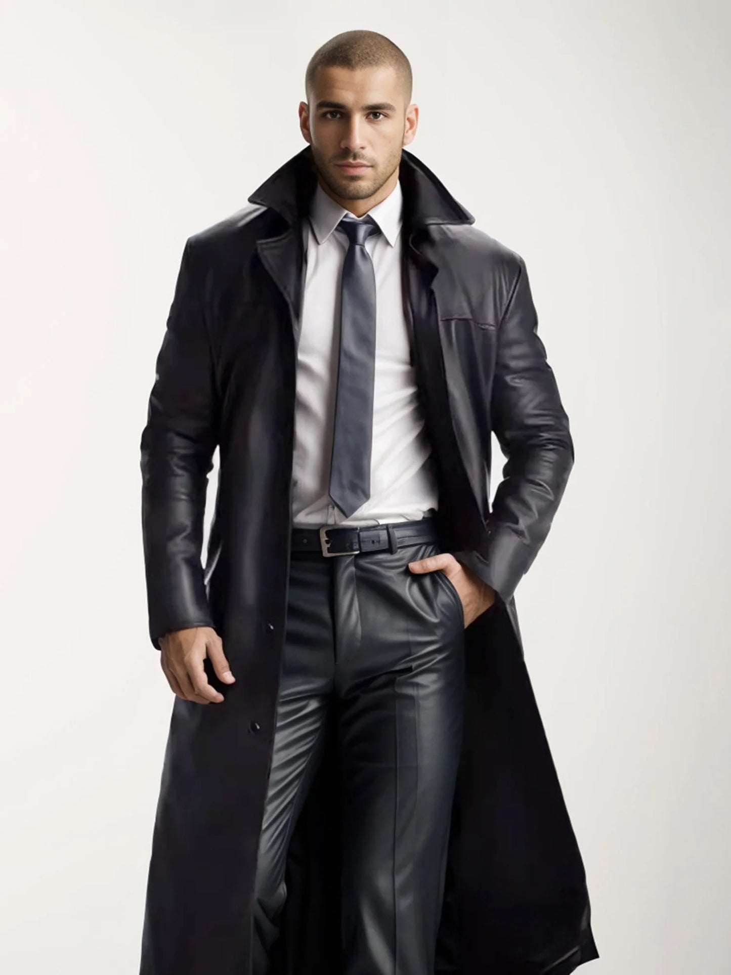 Men s Faux Leather Jacket Classic Lapel Collar Long Sleeve Button Closure Windproof Coat for Fall Winter Wardrobe