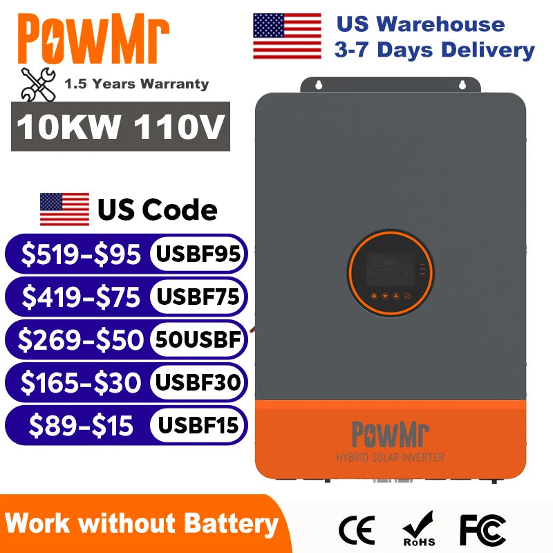 PowMr 10KW Split Phase Inverter 48V 110V 220V Hybrid Solar Inverter Dual MPPT Dual Output Off Grid with MPPT 200A Solar Charger