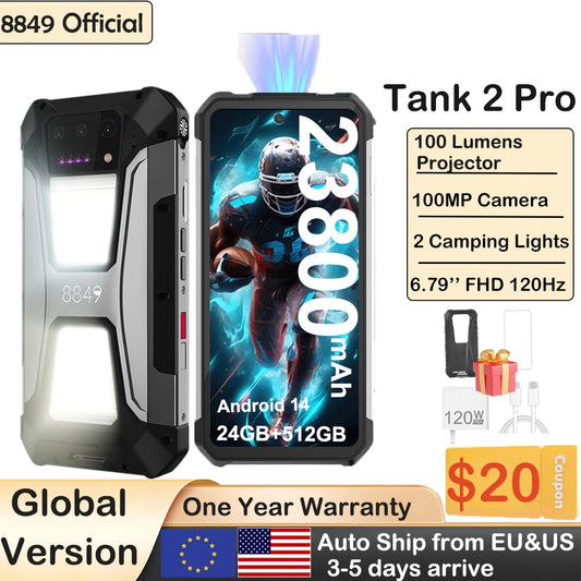 8849 Tank 2 PRO Projector Rugged Smartphone Android 2.4K 24GB 512GB 100MP Camera 23800mAh 120W Dual Sim OTG Phone