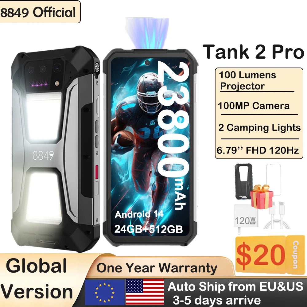 8849 Tank 2 PRO Projector Rugged Smartphone Android 2.4K 24GB 512GB 100MP Camera 23800mAh 120W Dual Sim OTG Phone
