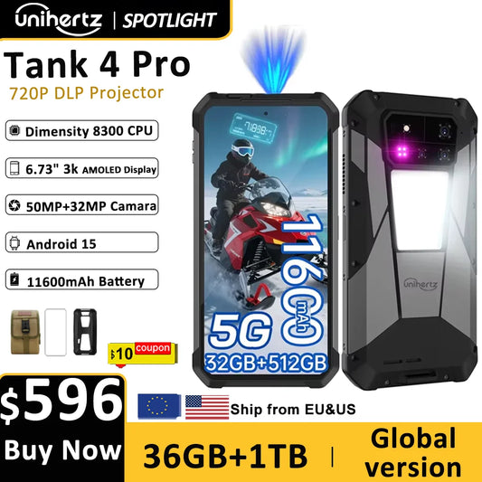 Unihertz Tank 4 pro 8849 Smartphone Android 14 with 720P Projector 5G AI Dimensity 8300 1TB ROM 3K AMOLED 11600mAh 120W Charger