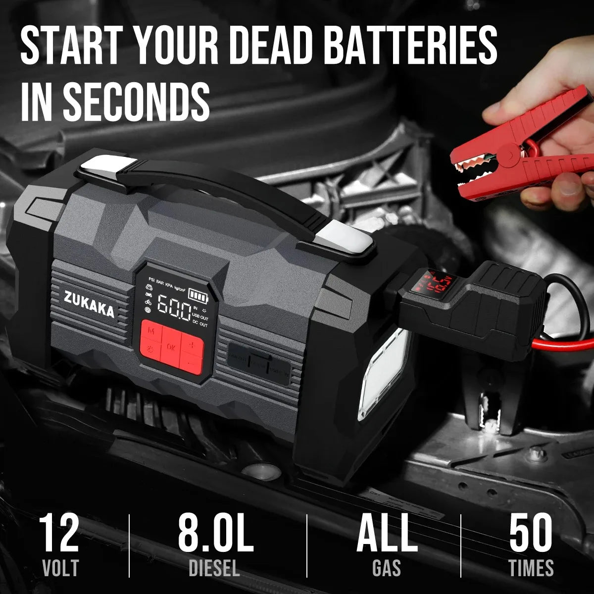 ZUKAKA 26800mAh Jump Starter With Air Compressor And Booster