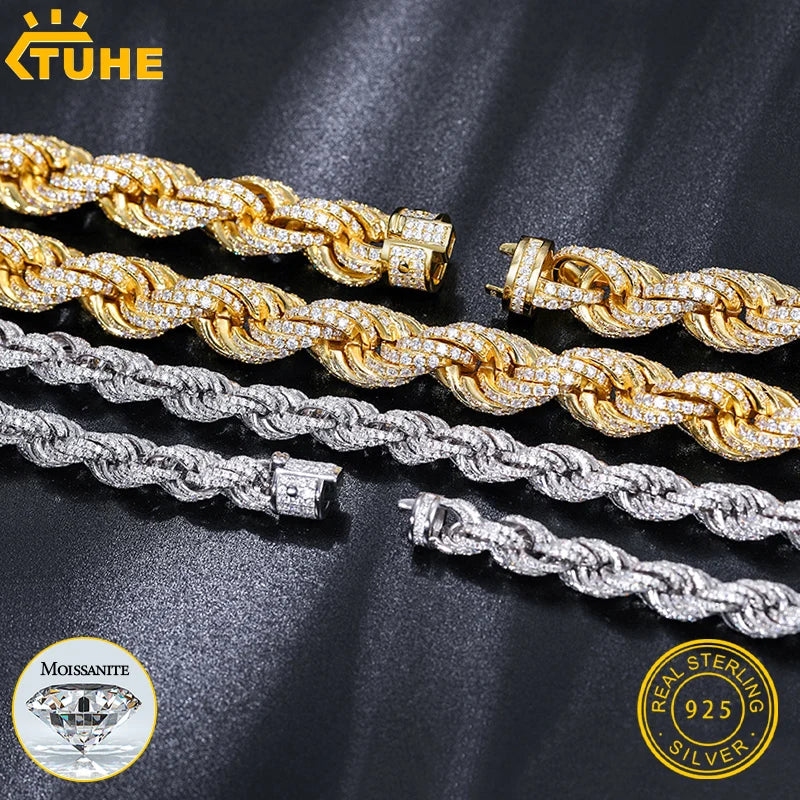 TUHE High Quality Moissanite  Rope Chain S925 Silver Man Moissanite Necklace With Certificate For Men Women Hip Hop Jewelry Gift