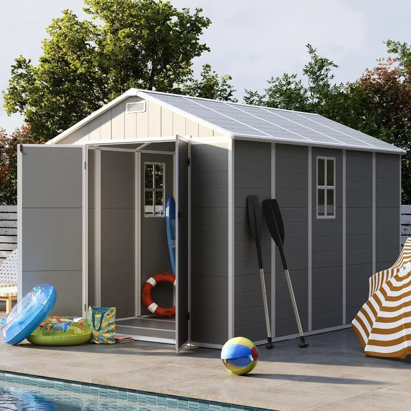 8x10 FT Outdoor Resin Storage Shed with Floor and Lockable Door for Garden Tools and Bikes