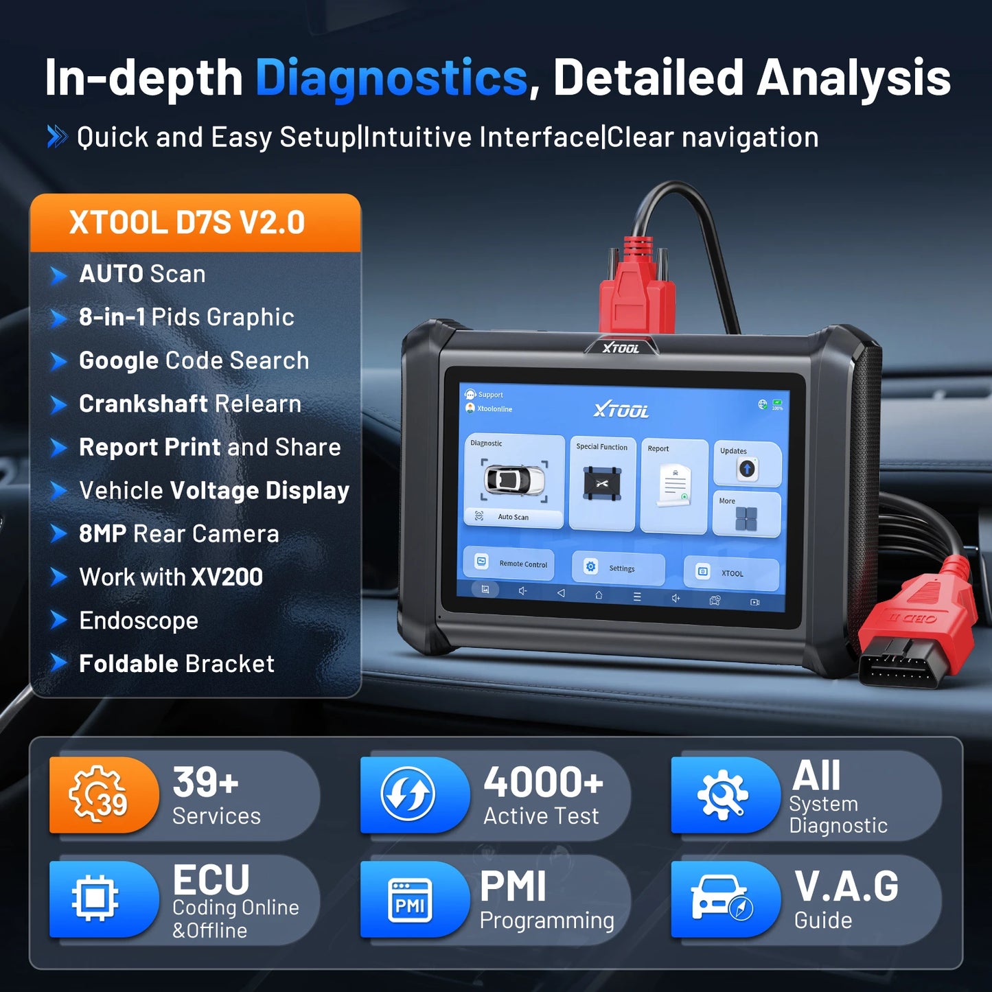 XTOOL D7S All Systems Car Diagnostic Tools Bidirectional Scanner ECU Coding 39+ Resets Automotive Scanner Built-in CANFD DOIP