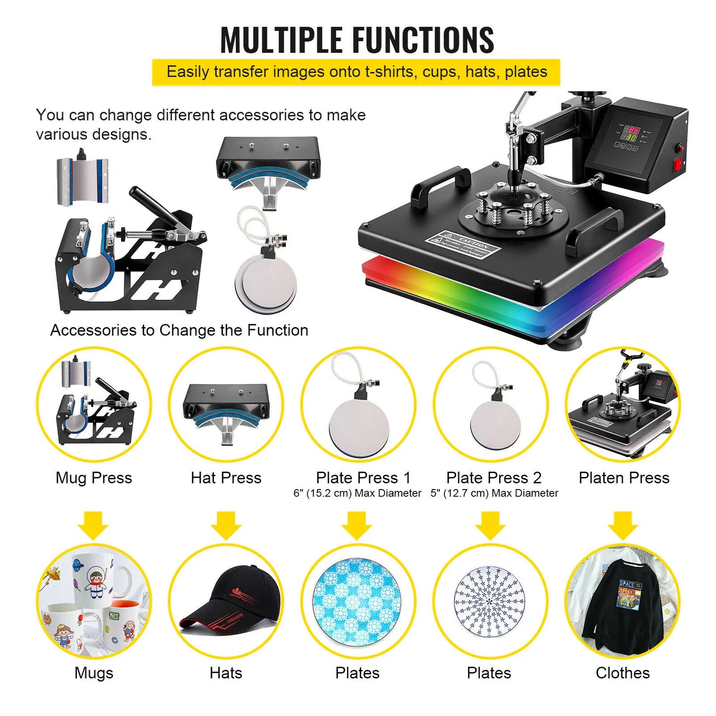 SucceBuy Combo Heat Press Machine 5/6/8 in 1 30*38CM 38*38CM Muntifunctional Sublimation Printer Transfer Mug Hat Plate T-Shirt