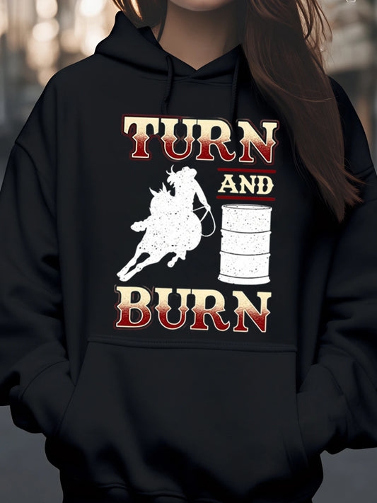 Turn and Burn Horse Barrel Roping Graphic Hoodie Western Riding Event Unisex Casual Wear