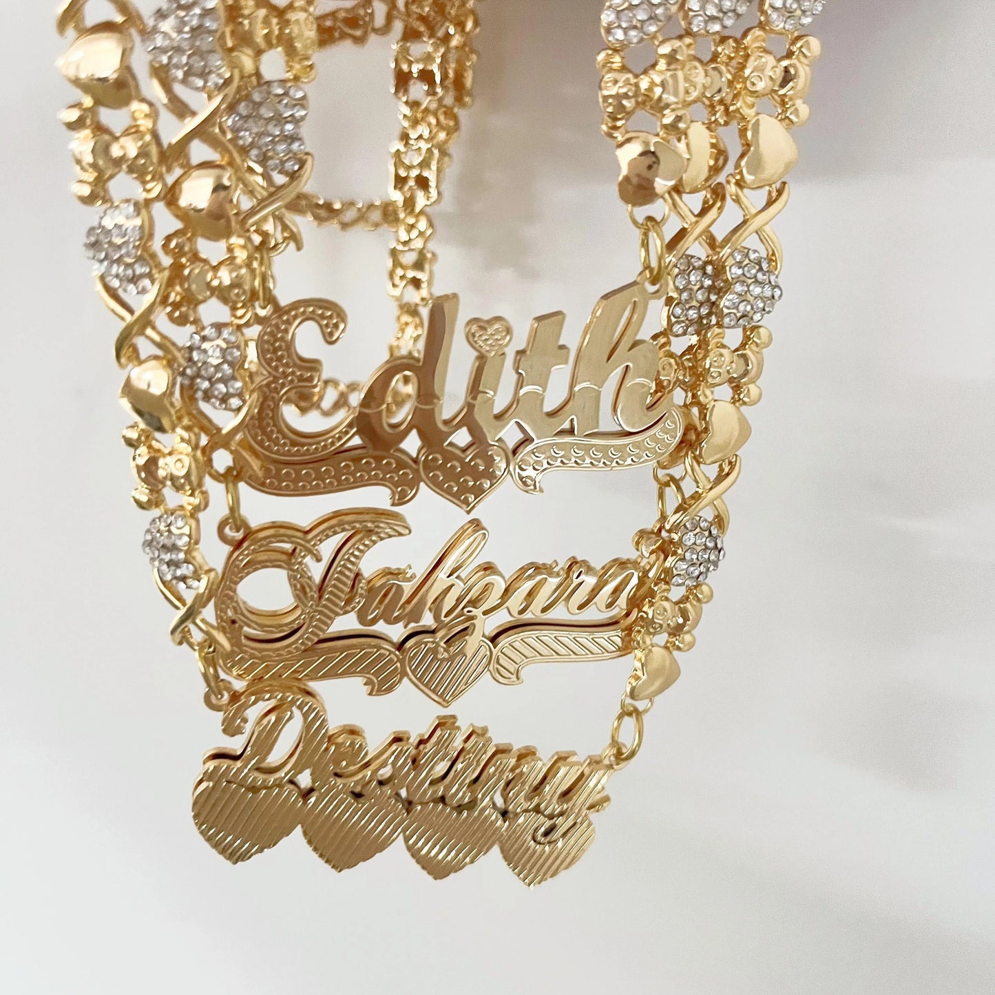 Personalized  Teddy Bear Chain Name Necklace with Diamond 3D Double-layer Nameplate DIY Custom Name Necklace Golden Women's Gift