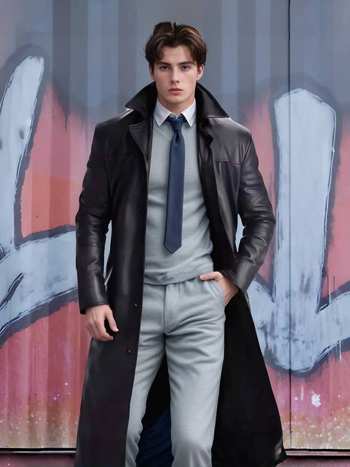 Men s Faux Leather Jacket Classic Lapel Collar Long Sleeve Button Closure Windproof Coat for Fall Winter Wardrobe