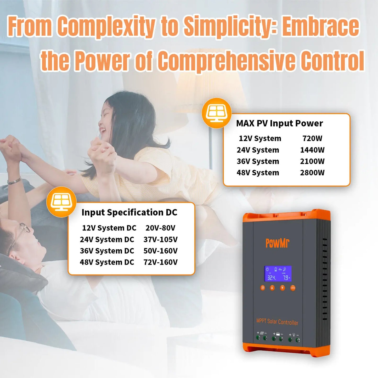 PowMr 60A MPPT Solar Charge Controller 12V /24V /36V/48V Charger for 720W-2800W off grid Controller Max PV 160V LED LCD Display
