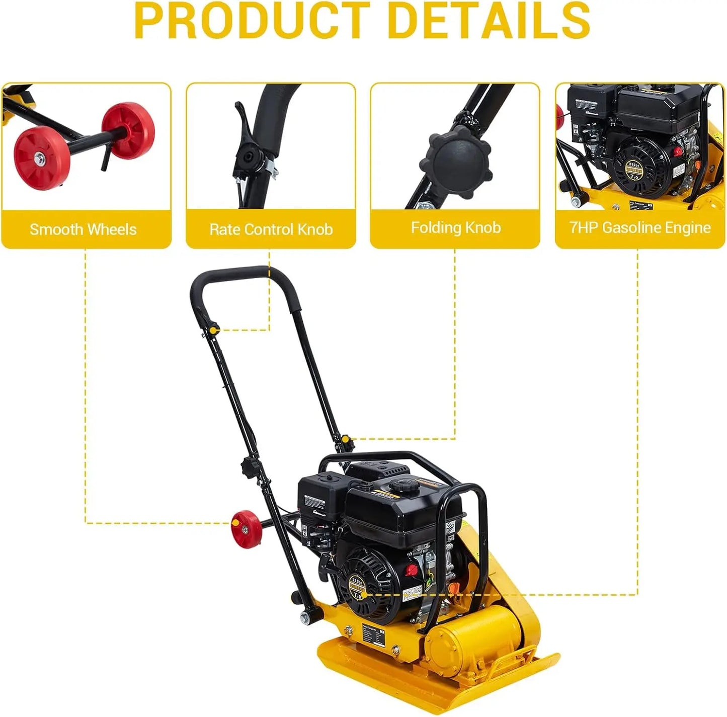 7HP Plate Compactor Rammer with 212cc Gas Engine, 5600 VPM, 4200 Lbs Compaction Force Ground Compactors for Paving Landscaping