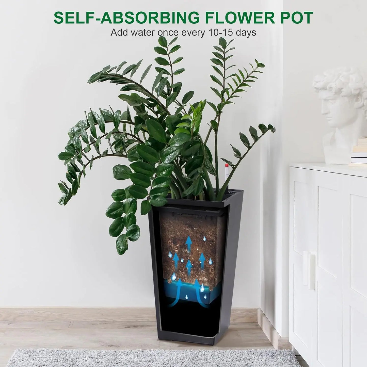 2 PCS 22.4 Inch Tall Planter Indoor ＆ Outdoor Black Taper Planter with Shelf Insert Self-Absorbing Plastic Flower Pots