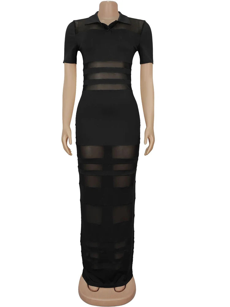 Beyprern Women's See-Through Striped Sheer Polo Maxi Dress Sexy Turn-Down Collars Caged Party Dresses Night Out Vestido Clubwear