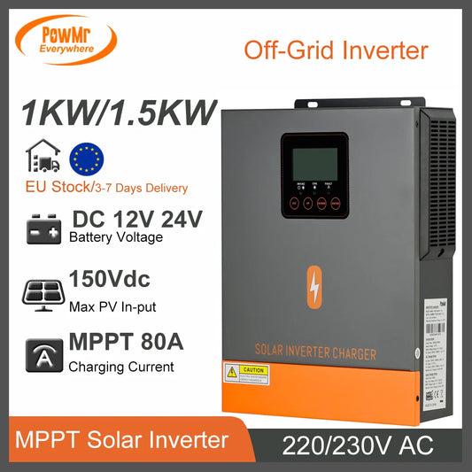 PowMr Off-Grid Hybrid Inverter 1KW 1.5KW with 80A MPPT Solar Charge DC 12V 24V to 230V AC  Max PV 150Vdc Pure Sine Wave Inverter