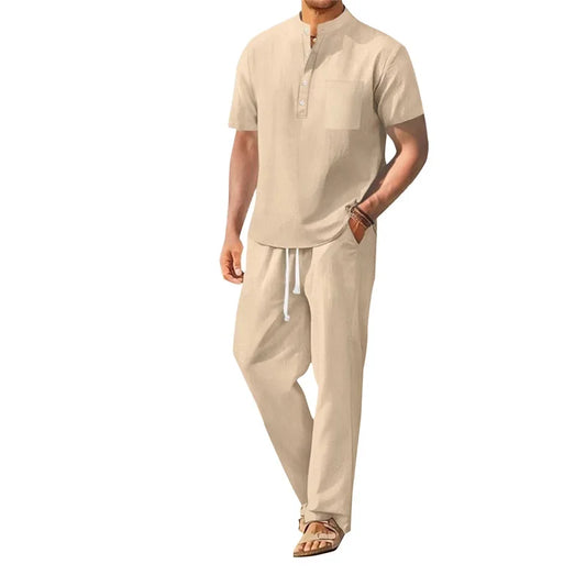Men s Casual 2 Piece Outfit Short Sleeve Henley Tops with Drawstring Pants Loose Solid Color Set for a Stylish Look