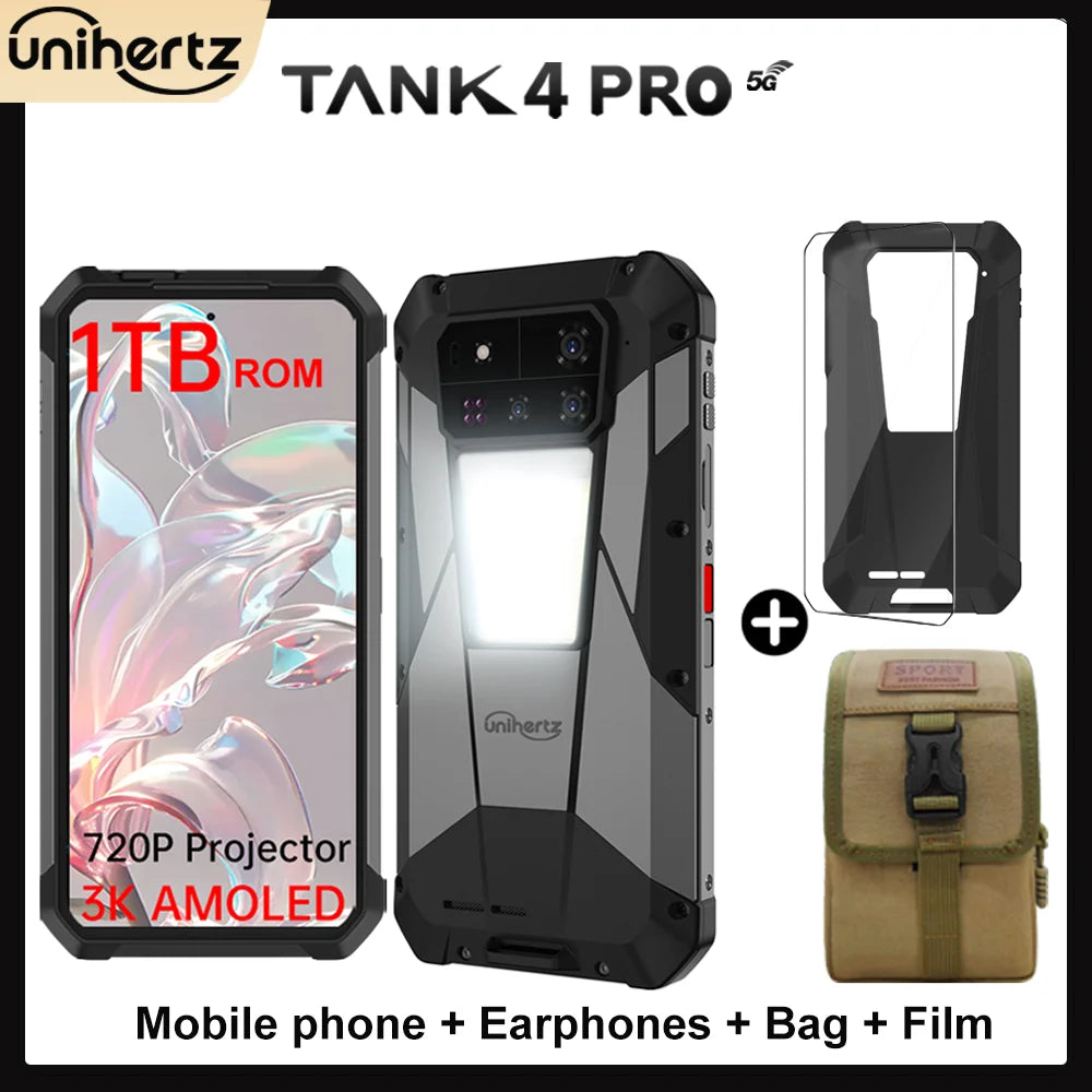 Unihertz Tank 4 pro 8849 Smartphone Android 14 with 720P Projector 5G AI Dimensity 8300 1TB ROM 3K AMOLED 11600mAh 120W Charger