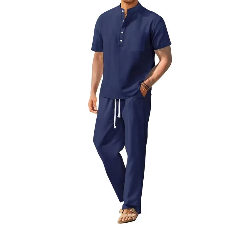 Men s Casual 2 Piece Outfit Short Sleeve Henley Tops with Drawstring Pants Loose Solid Color Set for a Stylish Look