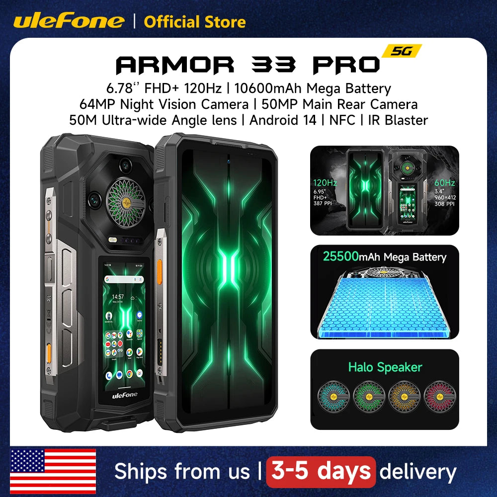 Ulefone Armor 33 Pro 5G Rugged Phone 25500 mAh 512GB ROM 120Hz 6.59”3.4" Rear Screen NFC Android Smartphone