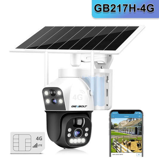 GENBOLT 4G SIM Solar Camera 4X Zoom Wireless Outdoor Cameras with HD 30m Night Vision15600mAh PTZ Surveillance Camera Dual Lens