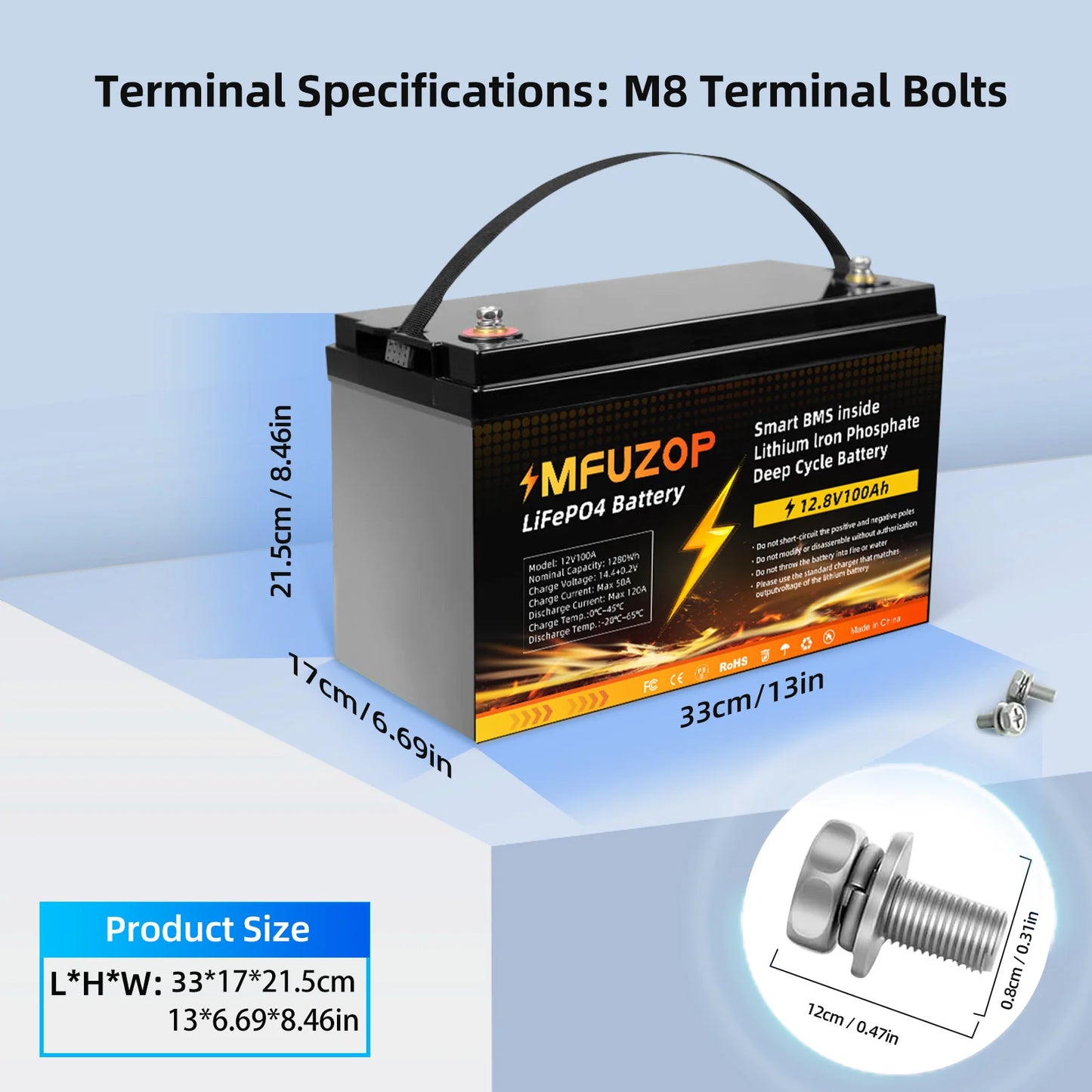 MFUZOP 12V 100Ah Lithium LiFePO4 Battery with 100A BMS Perfect for RV,Golf Cart,Solar Power System,Trolling Motor, Boat, Solar