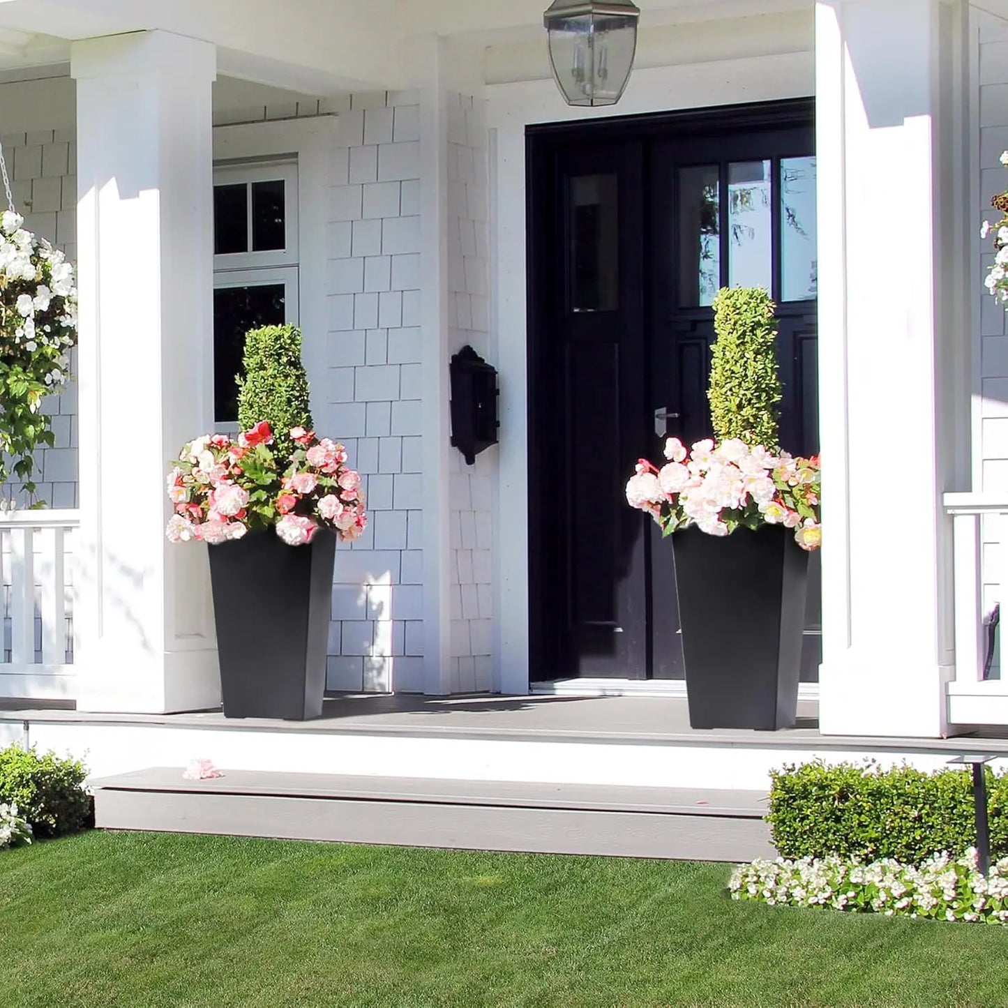 2 PCS 22.4 Inch Tall Planter Indoor ＆ Outdoor Black Taper Planter with Shelf Insert Self-Absorbing Plastic Flower Pots