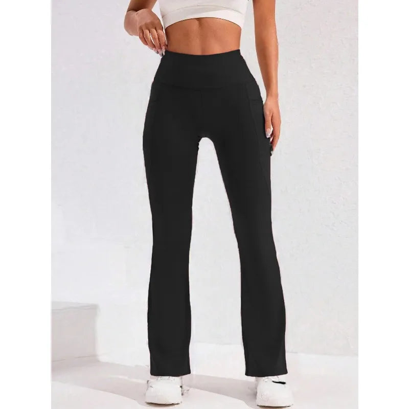 High Waist Flare Leg Yoga Pants Women with Pocket Push Up Butt  Running Tights Wide Leg Pants Gym Outdoor Cycling Leggings