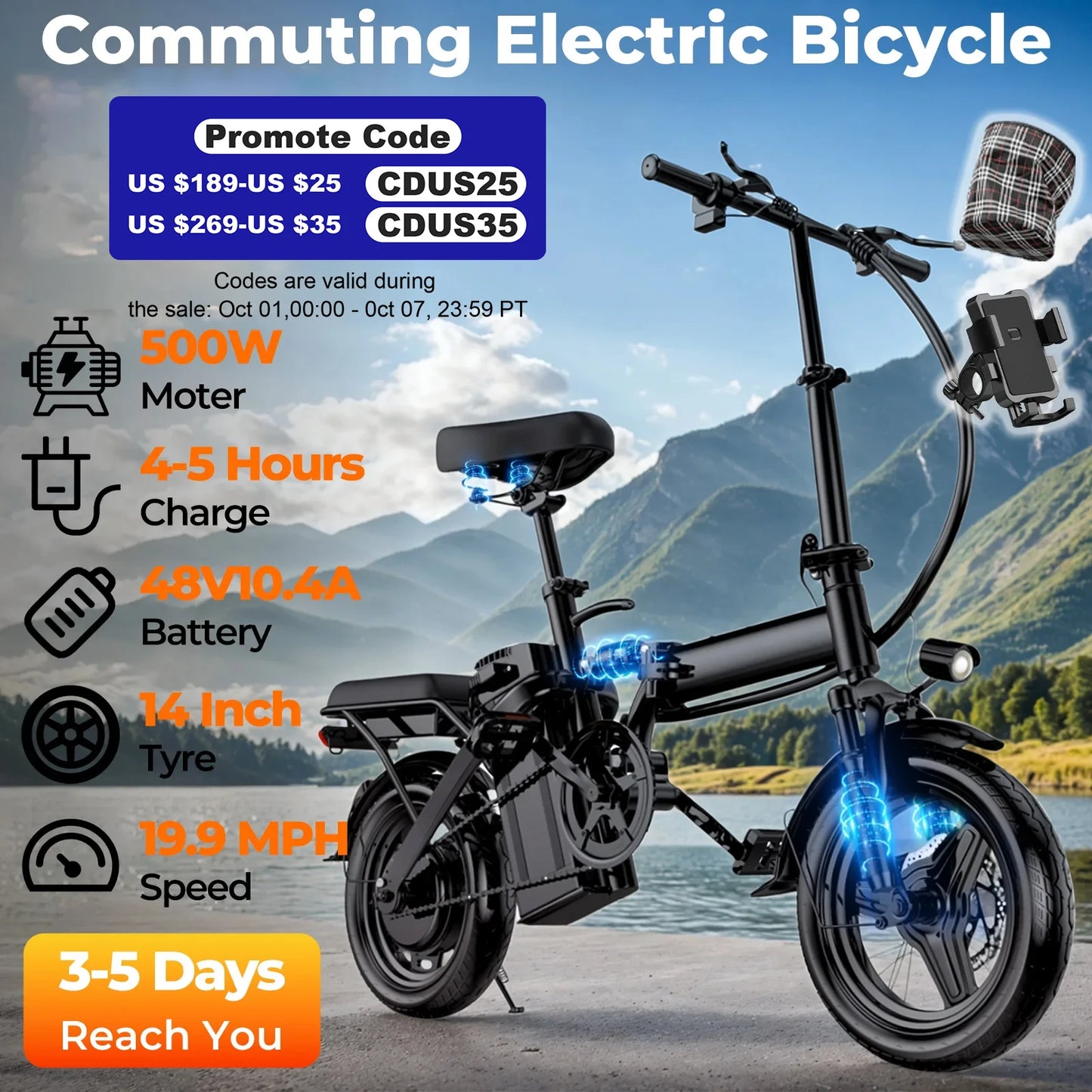 LELEKUAI 500W Adult Folding Electric Bike Removable Battery