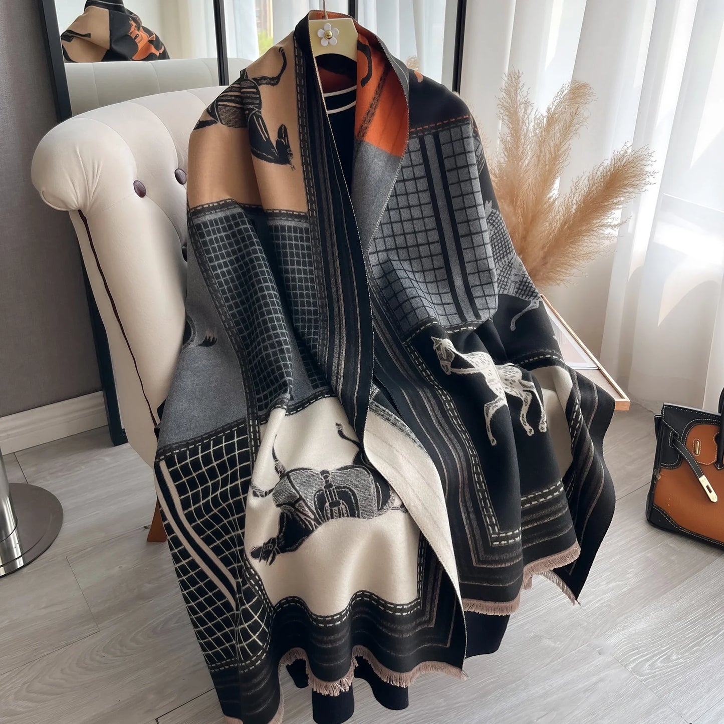 Luxury Winter Cashmere Scarf Women Horse Print Warm Pashmina Blanket Poncho Scarves Female Shawl Wraps Thick Foulard Bufanda
