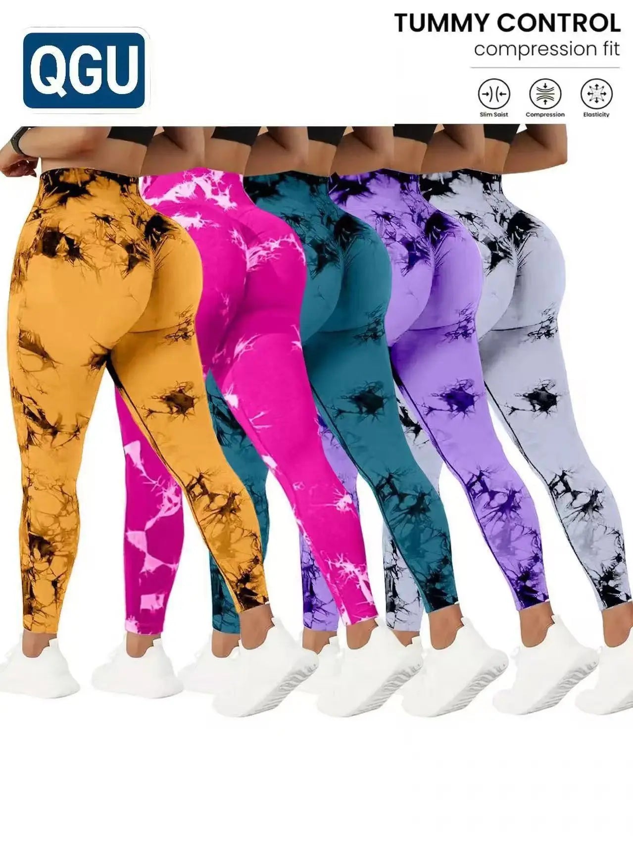 QGU 5-Pack High Waist Tummy Control Yoga Pants For Women, Summer Tie.Dye Fitness Leggings, Stretchy Running Peach Lift Workout T